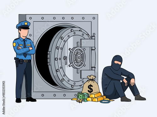 Police officer guarding bank vault while thief sits defeated next to stolen money.