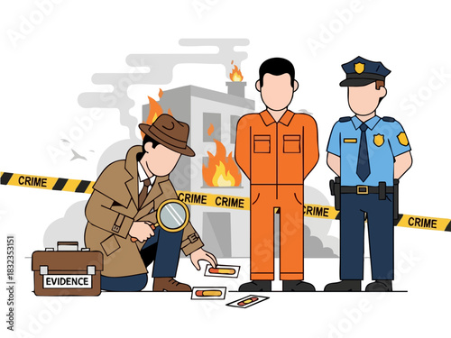 Detective Investigating Crime Scene with Suspect and Police Officer.