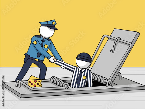 Police officer helping a person trapped in a mousetrap, metaphor for justice.