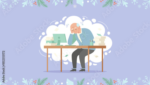 Stressed senior man overwhelmed by mountains of work and winter deadlines