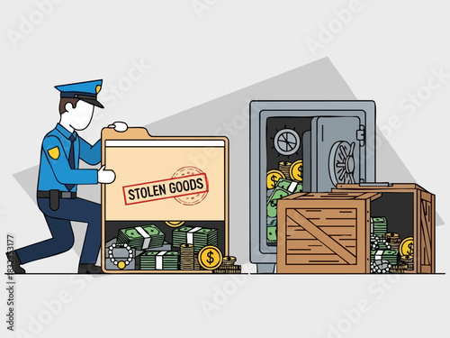 Police officer discovers stolen goods, money, and valuables after a robbery.