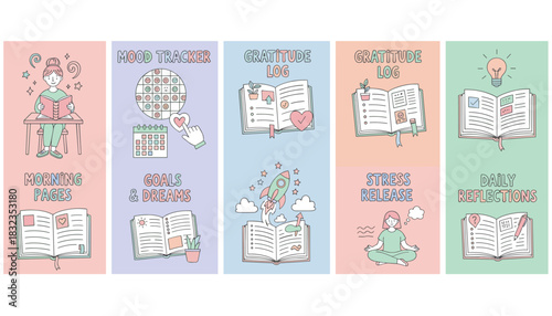 Set of journaling and selfcare illustrations mood tracker gratitude log and stress release