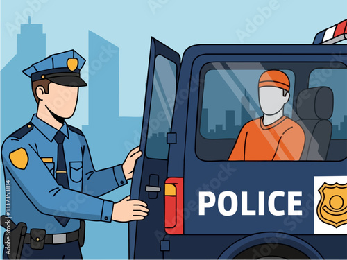 Police officer opening the door of a police van to transport a prisoner.