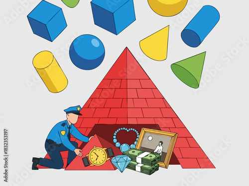 Police Officer Investigating Stolen Treasures Hidden Behind Pyramid Structure.