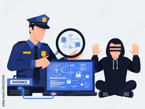 Police Officer Investigating Hacker with Laptop and Evidence, Arresting Criminal.