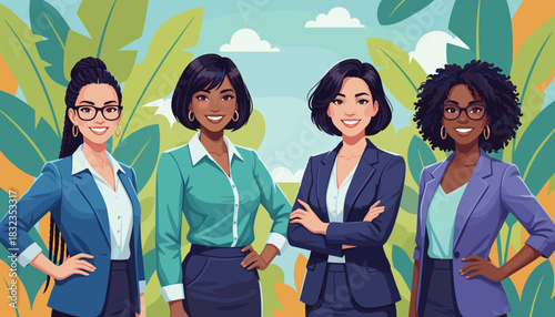 Diverse professional women team standing together confidently in a bright stylized outdoor setting