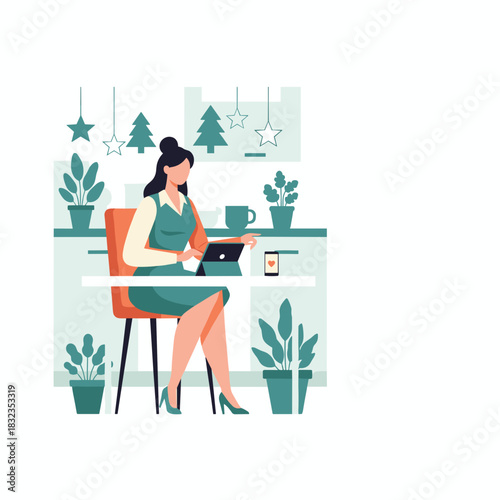 Businesswoman working remotely on a tablet in a modern office surrounded by plants and dcor