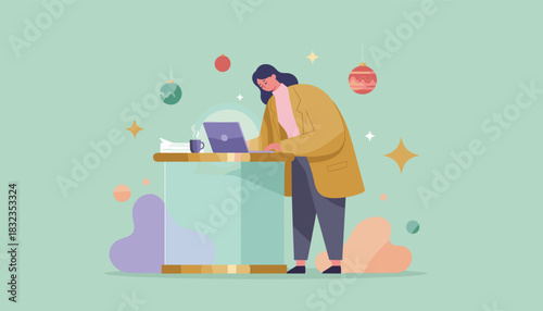 Busy woman works on laptop during the holiday season Christmas deadlines and work stress concept