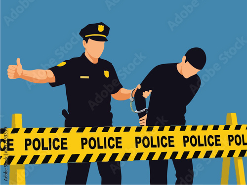 Police officer detains suspect behind police tape, enforcing law and order.