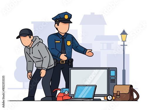 Police Officer Detains Suspect Near Stolen Electronics, Crime Scene Investigation.