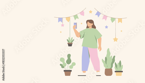 Woman using smartphone in a decorated space with potted plants Flat design illustration