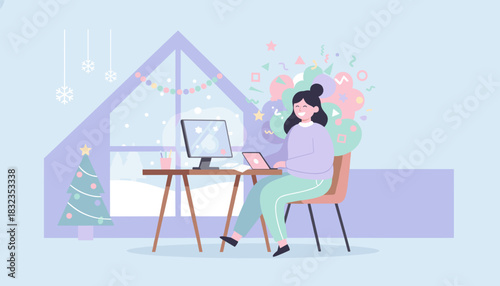 Woman working remotely in a cozy decorated winter home office feeling happy and inspired