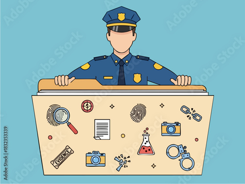 Police officer holding a folder with forensic investigation evidence and tools.