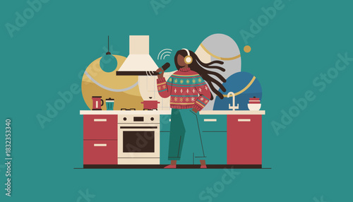 Happy woman singing karaoke in a cozy kitchen wearing a festive sweater Home leisure illustration