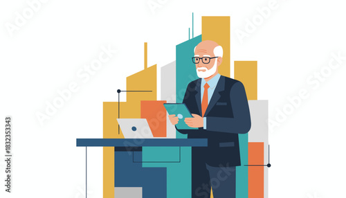 Senior business leader using digital tablet against a corporate cityscape background