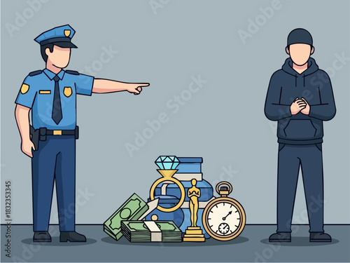 Police Officer Directing Suspect Near Stolen Goods and Valuables.