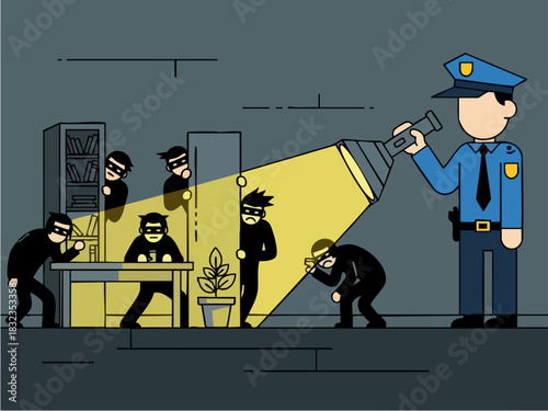 Police officer confronts masked burglars during a nighttime robbery investigation.