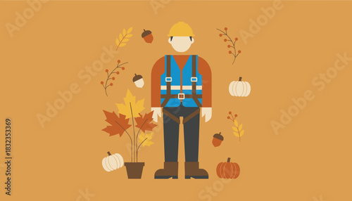 Industrial safety worker in harness celebrating the autumn season Flat design vector illustration