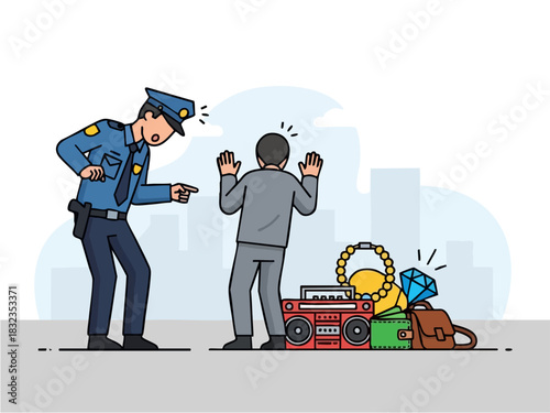 Police Officer Confronts Suspect Near Stolen Goods, Crime Scene.