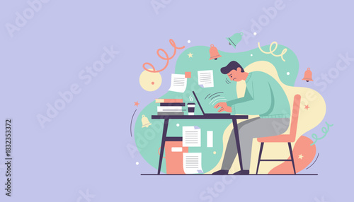 Stressed overwhelmed worker suffering burnout from excessive work and notification distractions