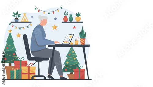 Senior woman working remotely on a laptop in a festive Christmas home office setting