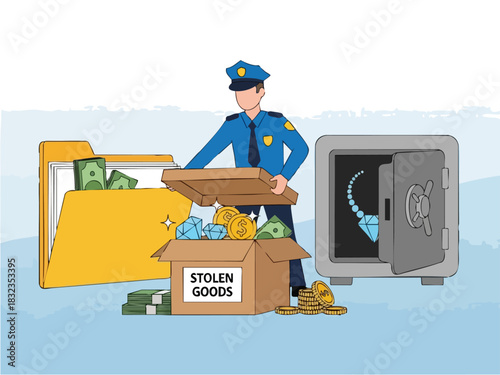 Police officer inspecting stolen goods from a crime scene investigation.