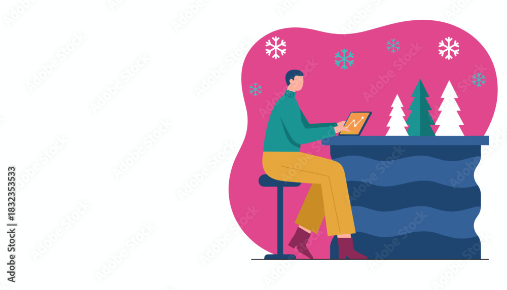 Naklejka premium Professional man working remotely on a tablet during winter holidays Seasonal business data analysis