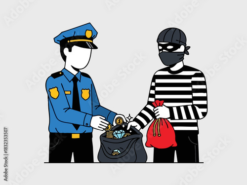 Police officer arresting a thief and recovering stolen goods from a bag.
