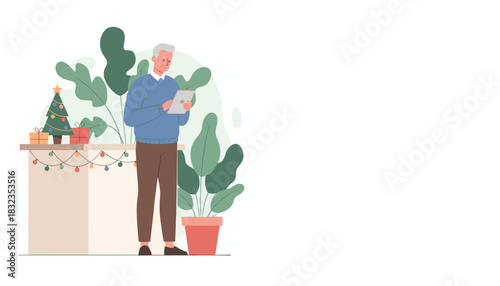 Elderly man uses tablet near holiday decorations Technology and Christmas lifestyle