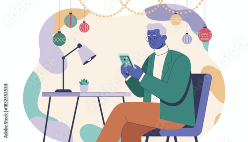 Senior man using smartphone at a desk decorated with Christmas ornaments modern illustration