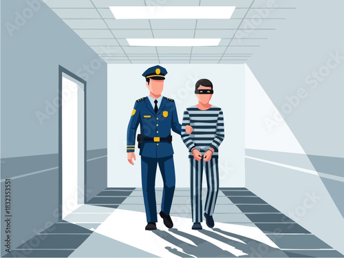 Officer Escorting a Blindfolded Prisoner Down a Hallway.