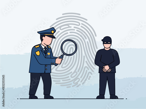 Police officer investigating suspect with magnifying glass, crime scene investigation.