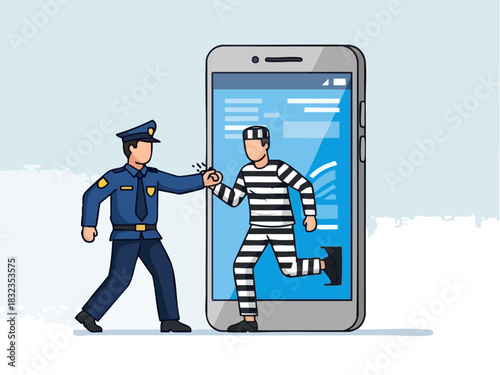 Police officer arresting a prisoner who is escaping from a smartphone screen.