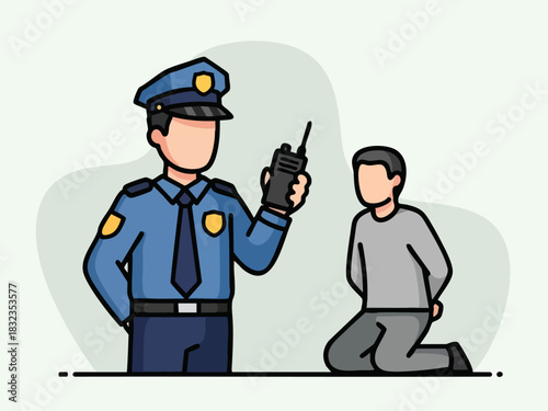 Police officer holding radio and arresting suspect on knees, crime scene.