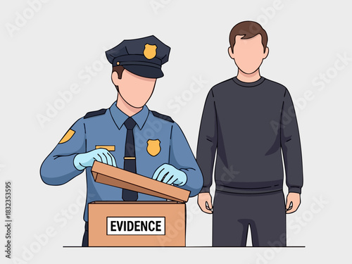 Police Officer Examining Evidence Box with Suspect Standing Nearby for Investigation.