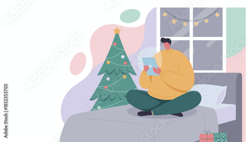 Man uses a tablet while sitting on a bed next to a Christmas tree Holiday tech use and relaxation