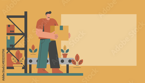 Warehouse worker moving package near shelf ample copy space for logistics concepts