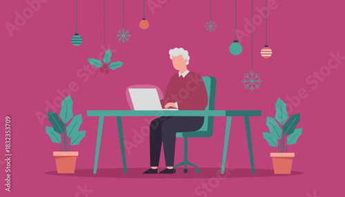 Senior man working on laptop at Christmas desk Remote holiday work and business concept illustration