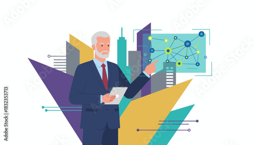 Senior manager analyzes data network against a modern city background