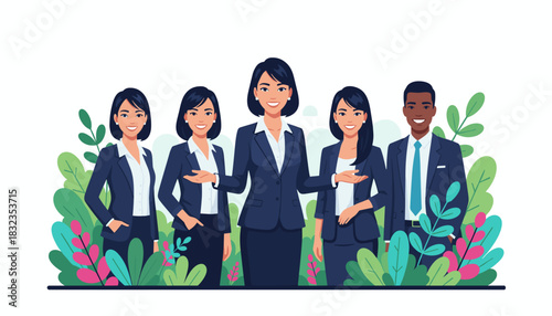 Professional business team portrait with diverse members and colorful plants Success concept