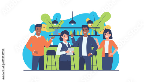 Happy diverse friendscolleagues gathering at a modern bar Customer service illustration