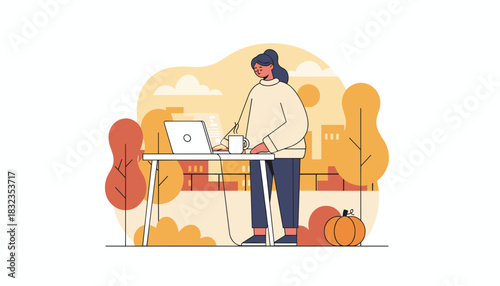 Freelancer working on a laptop outdoors in an autumn city park setting Remote office