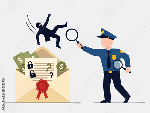 Police officer investigating crime scene with money and falling man.