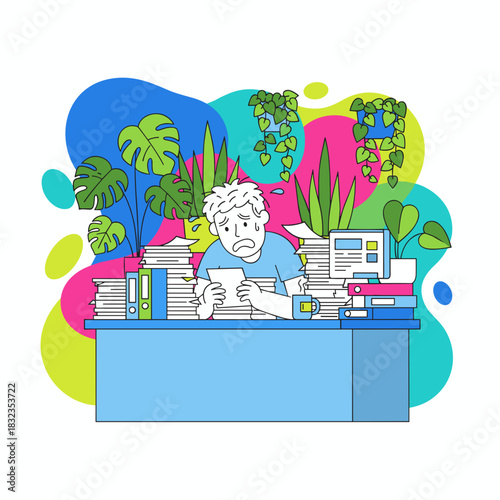 Stressed office employee drowning in paperwork stacks Overwork burnout and deadline pressure