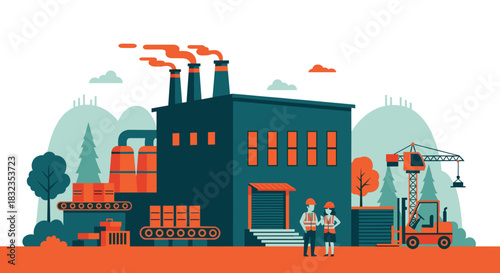 Industrial production plant manufacturing logistics and engineering teamwork in a flat graphic style