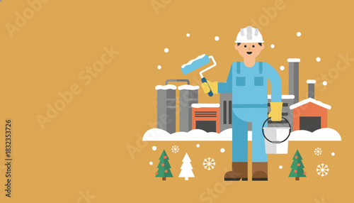 Winter maintenance worker illustration holding roller at a snowy industrial site