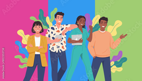 Diverse millennial team portrait in bright colors symbolizing teamwork technology and creativity