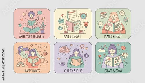 Vector grid showing personal growth journaling planning and creative selfcare habits