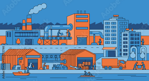 Flat illustration of industrial zone logistics factories workers delivery truck and urban development