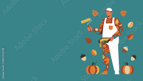 A painter transitions into autumn colors holding a roller and paint tray Seasonal decoration concept